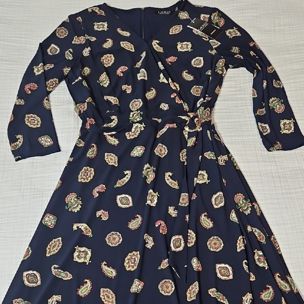 Ralph Lauren Blue Cream Wrap Sundress Long Sleeve